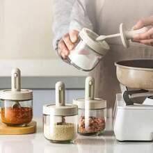 1pc Glass Seasoning Bottle With Telescopic Spoon, Salt Storage Box For Home, Leakproof And Moisture-Proof