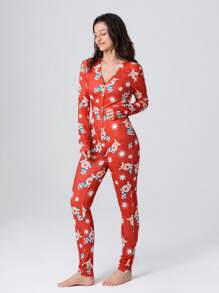 Women 2025 New Fashion Jumpsuit Buttons V Neck Long Sleeve Cartoon Printed One-Piece Clothes - 紅色 - 查看 3