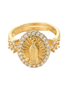 1pc 18k Gold-Plated Copper Oval Cubic Zirconia Virgin Mary Adjustable Open Ring,Fashionable Unisex Daily/Party/Event Accessory