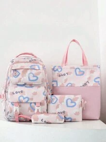 4 件春季返校青年背包。开季新款背包，可爱卡通心形粒纹字母，休闲套装，包括大容量背包、午餐盒、铅笔，适合日常使用、学校、旅行、随机印花图案尼龙材质拉链封闭大学生高中初中小学生和多口袋书包轻便便携拉链包装完美毕业生