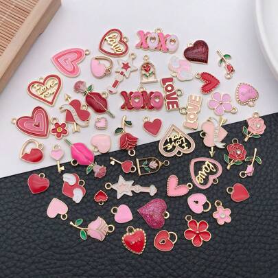 30/50pcs Fashion Enamel Lovely Heart-Shaped Valentine's Day Rose Plated Gold Pendant For DIY Necklace Bracelet Earrings Women Jewelry Making Accessories
