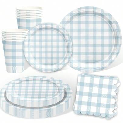 Gingham Blue And White Party Supplies Paper Plates Napkins Cups For Birthday Party Family Dinner Picnic Barbecue Father's Day Party