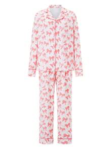 Women's 2 Piece Pajama Set Long Sleeve Lapel Button Up Shirt Tops Bow Print Pants Sleepwear Sets - White - View 1