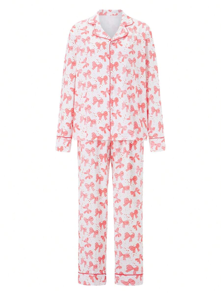 Women's 2 Piece Pajama Set Long Sleeve Lapel Button Up Shirt Tops Bow Print Pants Sleepwear Sets - White - View 1