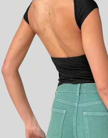 Women's Suplex Backless Cropped Basic Blouse - 黑色 - 查看 4