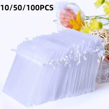 50/100pcs White Organza Gift Bags, New Year Party Candy Bags, Wedding Favor Bags, New Year Party Colorful Drawstring Organza Bags With Ribbons, Multiple Sizes, Baking Packaging Bags, Jewelry Gift Bags, Suitable For Weddings, Back To School Gifts, Family Gatherings, Celebrations, Outdoor Parties, All Seasons, Can Also Be Used As Fruit Protection Bags