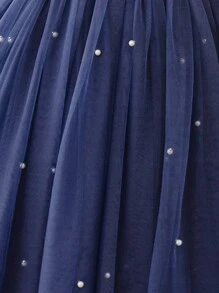 少女蝴蝶结装饰网眼盖袖优雅公主裙，适合女孩生日礼物、派对、舞会、婚礼、花童、钢琴演奏会、学校表演等场合服装 - 寶藍色 - 查看 4