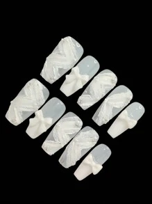 10 Pairs Of Handcrafted Wearable Arm Guards, Press-On False Nails, White Zigzag 3D Bows, Suitable For Women And Can Be Reused. Handmade Press On Nails - White - View 3
