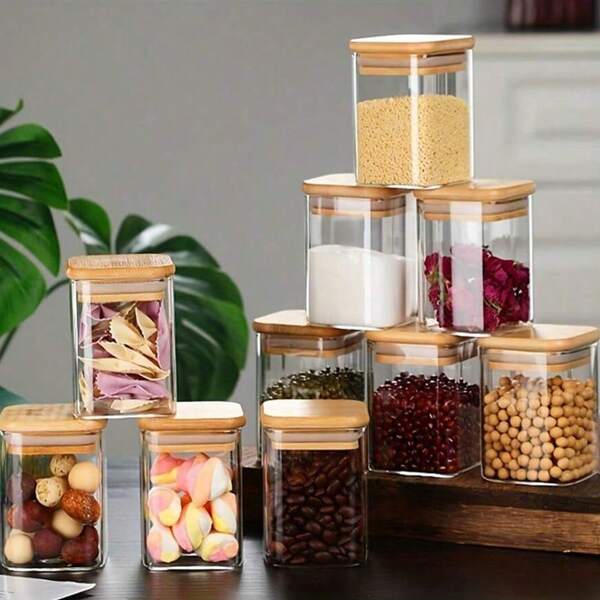 4 o 8 barattoli di vetro quadrati con coperchi in bambù, adatti per cucine, soggiorni o altre stanze, contenitori per conservare snack, cereali e tè in modo ermetico.