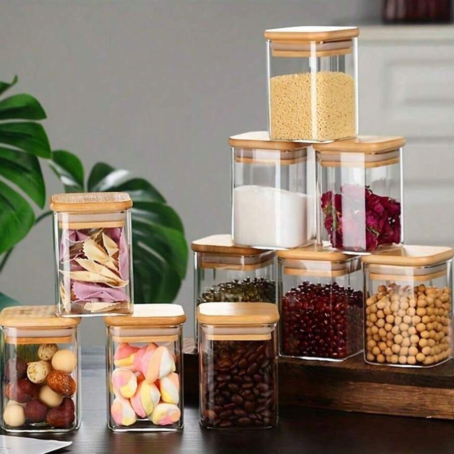 4或8个方形玻璃罐配竹盖，适用于厨房和客厅，或其他房间，是密封零食、谷物和茶的储存容器。 - 透明280ml[11*6cm] - 查看 1
