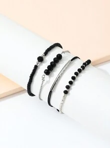 4 Pcs/Set Fashion Black Crystal Handmade Beads Bracelets Set For Women,Fashionable Vacation Party Jewelry Gifts