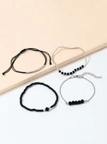 4 Pcs/Set Fashion Black Crystal Handmade Beads Bracelets Set For Women,Fashionable Vacation Party Jewelry Gifts