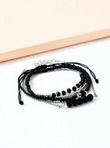 4 Pcs/Set Fashion Black Crystal Handmade Beads Bracelets Set For Women,Fashionable Vacation Party Jewelry Gifts