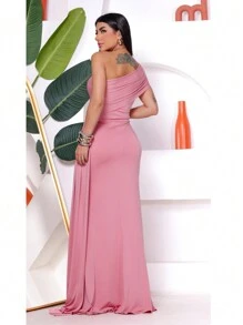 Long Women's Party And Event Dress Elegant Bridesmaids And Guests Fluity Knit With Lined Cup One Shoulder Unilateral Zero Sleeve Detail At The Waist Fluid Draped Shoulder One Size Fits 36 To 42 - 乾枯玫瑰色 - 查看 2