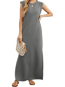 Spring And Summer Casual Round Neck Solid Color Hem Slit Sleeveless Long Dress, Valentine's Day / Beach / Commuting Women Outfits - Dark Grey - View 5