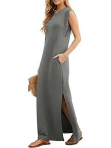 Spring And Summer Casual Round Neck Solid Color Hem Slit Sleeveless Long Dress, Valentine's Day / Beach / Commuting Women Outfits - Dark Grey - View 3