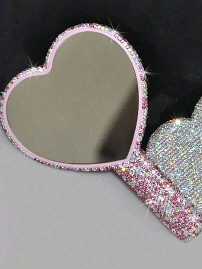 1pc Diamond Studded Heart-Shaped Makeup Mirror, Luxury Sparkling Crystal Rhine Stone Handle Mirror, Suitable For Travel, Home Or Gift,Makeup,Cheap,Room Decor,Vanity,Travel,Bedroom,Makeup Accessories,Mirror,Vanity Mirror,Mini Mirror,Compact Mirror,Mirror Small,Hand Mirror