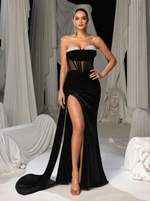 Faeriesty Elegant Pearls Embellished Bodice Draped Side Velvet Party Tube Dress, Wedding Guest Dress, Formal Dress, Evening Dress