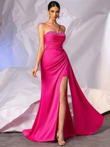 Hand Beading Formal Evening Dresses Long With High Split Elegant Mermaid Ruched Bust Prom Gown With Side Long Draping Formal Evening Party Dresses - Hot Pink - View 5