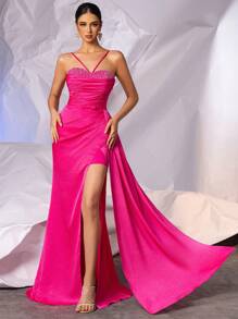 Hand Beading Formal Evening Dresses Long With High Split Elegant Mermaid Ruched Bust Prom Gown With Side Long Draping Formal Evening Party Dresses - Hot Pink - View 1