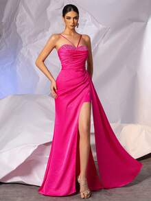Hand Beading Formal Evening Dresses Long With High Split Elegant Mermaid Ruched Bust Prom Gown With Side Long Draping Formal Evening Party Dresses - Hot Pink - View 6