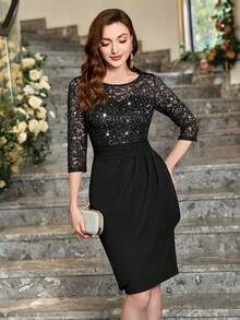 MIUSOL Sequin Floral Lace Scoop Neck Wrap Hem Cocktail Party Pencil Dress - Black - View 5