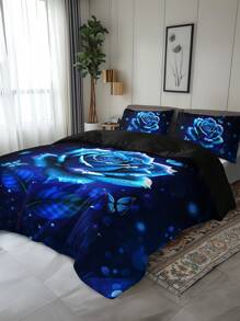 Juego de 3 piezas de ropa de cama (1 Funda Nórdica sin Edredón + 2 Fundas de Almohada sin Almohadas), Estampado de Rosas Azules, Mariposas y Gotas de Agua de Alta Definición para el Hogar y la Residencia Universitaria - Ver 6