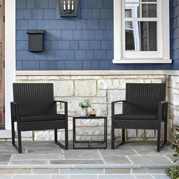 3 Pieces Patio Set Outdoor Wicker Furniture Sets Modern Rattan Chair Conversation Sets With Coffee Table For Yard And Bistro (Black)