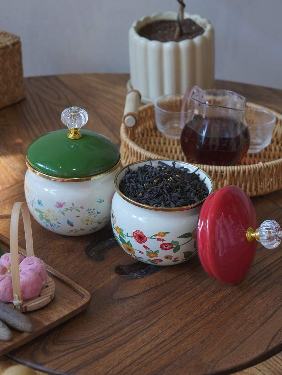 1pc Multi-Color Enamel Jar With Lid, Household Kitchen Storage Container For Spices, Sugar, Seasonings. Living Room Storage For Coffee Beans, Tea Leaves, Herbal Tea. Luxury Gift Jar For Elders And Relatives. - Multicolor - View 1