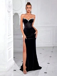 ADYCE 女士深V领水钻褶皱前开衩露背长款派对晚礼服，婚礼、晚宴等正式场合礼服，黑色优雅正式舞会礼服，适合婚礼宾客、正式晚宴、新年等场合