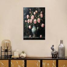 Vintage Flower Canvas Wall Art Home Decor Roses Wrapped Canvas Print Classical Dark Pink Floral Picture Painting Artwork For Bedroom Bathroom Framed Wooden Wall Decoration Ready To Hang 12x18inch(Framed Wrapped Canvas)
