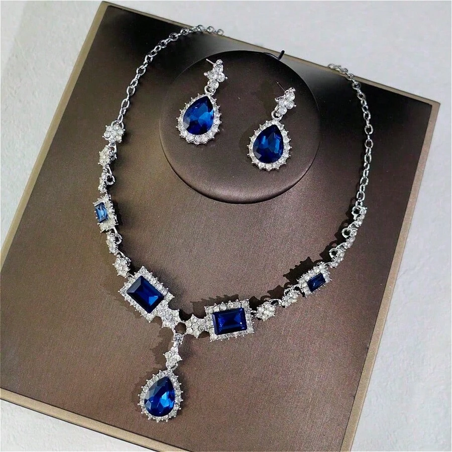 1 套奢华优雅女士珠宝套装，水晶嵌入式耳环和项链 3 件，适合新娘婚礼、宴会、派对佩戴