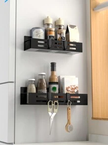 1/2 Piece Magnetic Storage Rack, Refrigerator Side Spice Rack, No Drilling Required, Multi-Function Wall Mounted Magnetic Storage Rack For Kitchen, Laundry Room And Home Use - Black - View 5
