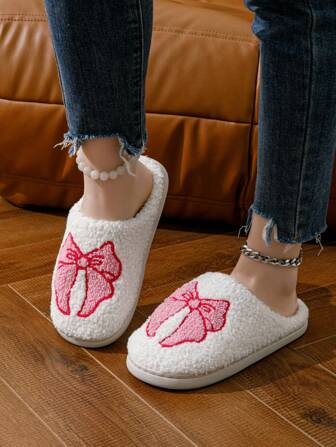 1 双粉色刺绣蝴蝶结女士家居拖鞋，轻便、柔软、舒适、温暖，适合春、夏、秋、冬卧室使用