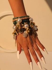 1 Stück übertriebenes mehrschichtiges Armband mit Kokosschalen-Kristallblumen Quaste, geeignet für Frauen für Strand, Party, Date, formelle Anlässe und den täglichen Gebrauch, Valentinstag, Muttertag, Geschenk
