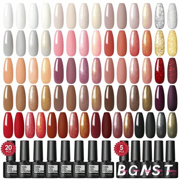 coscelia 25PCS Gel Nail Polish Set With Base Glitter Matte Glossy Top Coat Autumn Winter Colors 7ML Nail Gel Polish Kit Neede UV Lamp Long Lasting Glitter White Red Brown Black Nails For Women DIY Nail Salon Gift