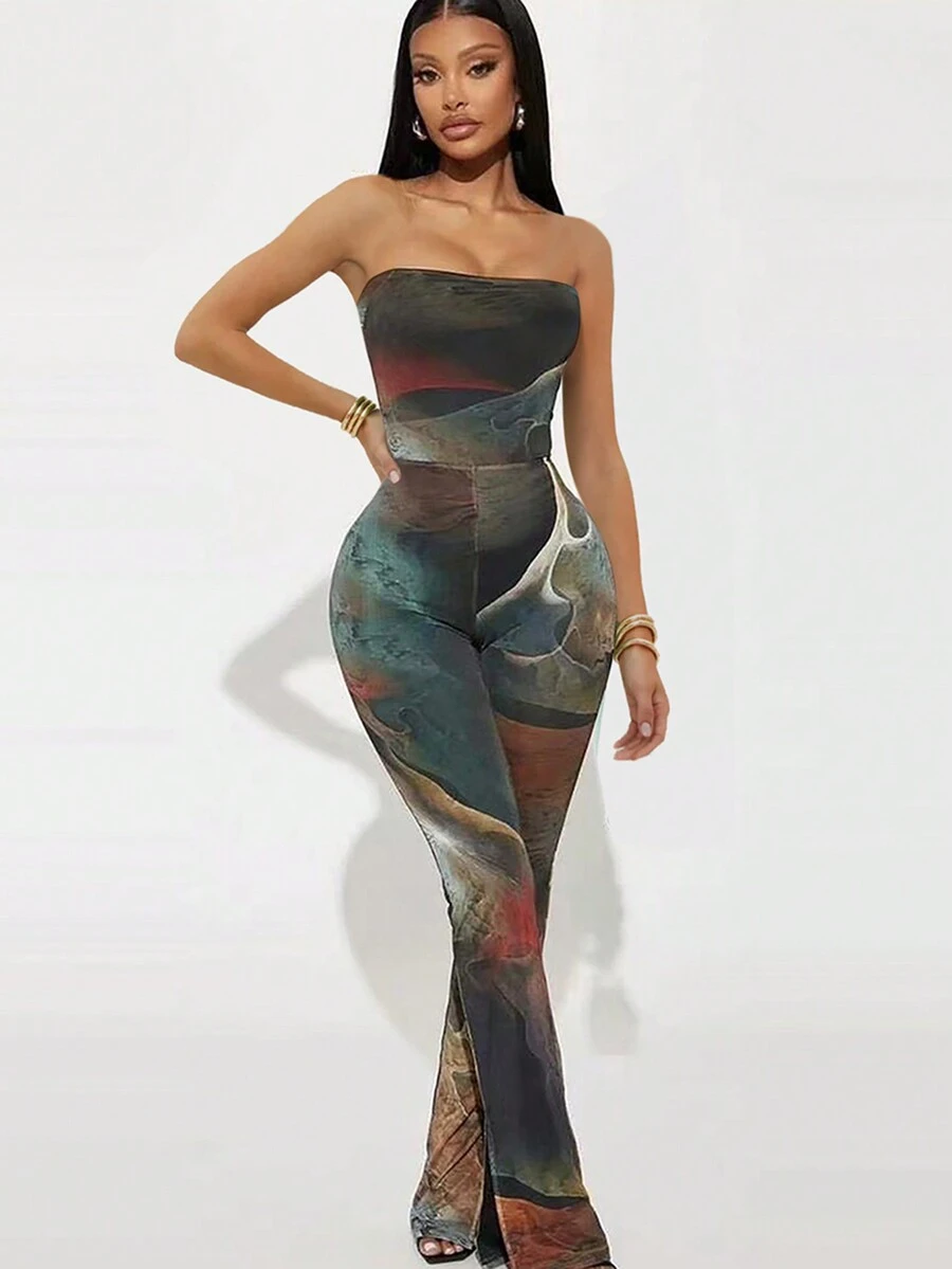 Sexy Marble Print Mesh Bustier Jumpsuit, Fitted - Multicolor - View 1