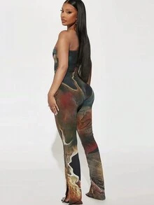 Sexy Marble Print Mesh Bustier Jumpsuit, Fitted - Multicolor - View 2