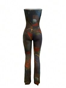 Sexy Marble Print Mesh Bustier Jumpsuit, Fitted - Multicolor - View 4
