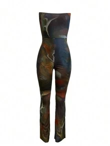 Sexy Marble Print Mesh Bustier Jumpsuit, Fitted - Multicolor - View 3