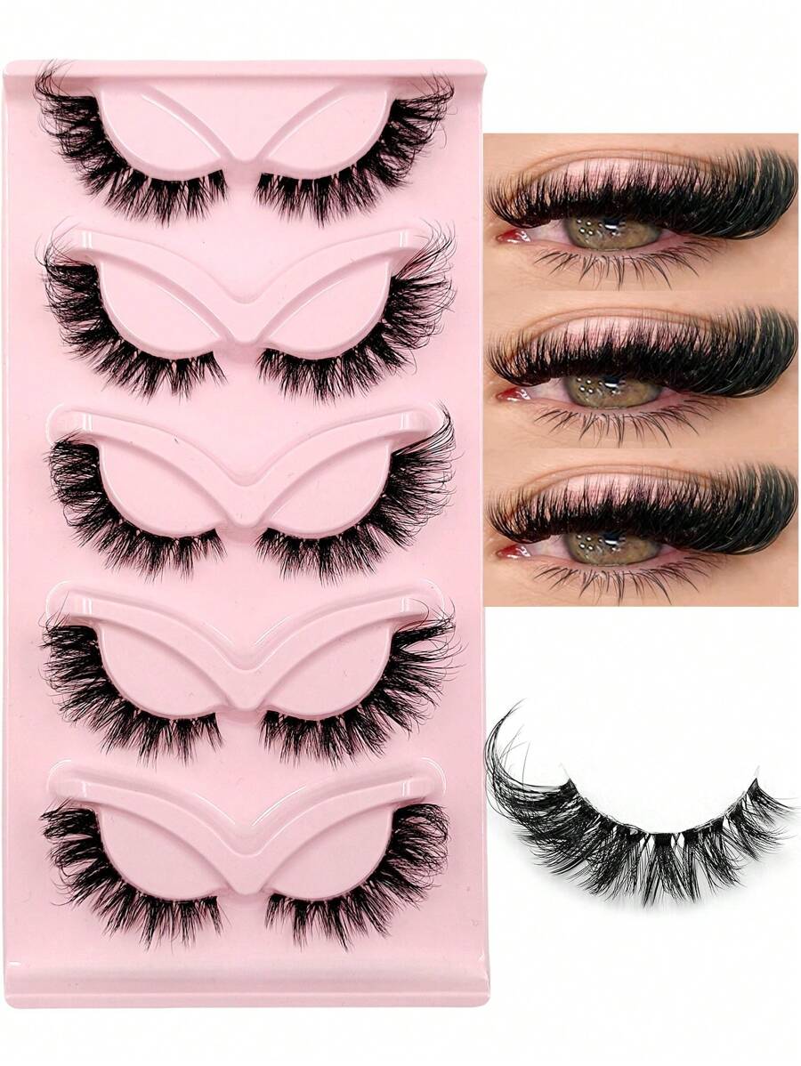 Asiteo 5 Pairs Cat Eye False Eyelashes, Transparent Band, Natural & Fluffy 3D Thick & Long Lashes, Create Fluttery Lash Extension Effect - 眼尾拉長款 - 查看 1