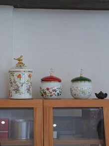 1pc Multi-Color Enamel Jar With Lid, Household Kitchen Storage Container For Spices, Sugar, Seasonings. Living Room Storage For Coffee Beans, Tea Leaves, Herbal Tea. Luxury Gift Jar For Elders And Relatives. - Multicolor - View 7