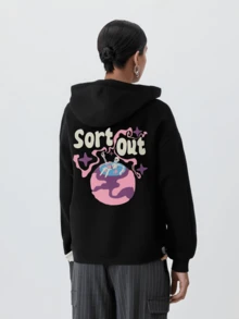 Monogram Pattern Long-Sleeved Pullover, Casual Graphic Design Pullover Hoodie And Pocket Streetwear For Autumn And Winter