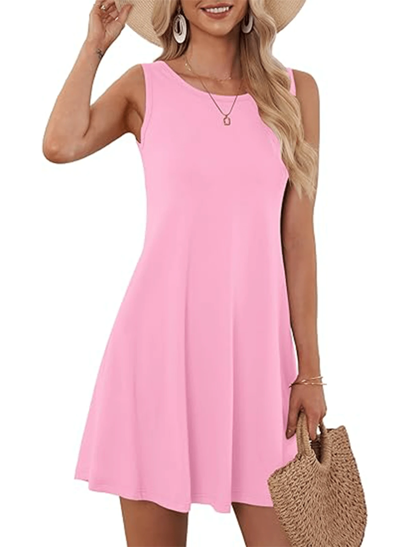 Spring And Summer Casual Round Neck Solid Color Sleeveless Mini Dress, Valentine's Day / Beach / Commuting Outfits - 粉色 - 查看 1