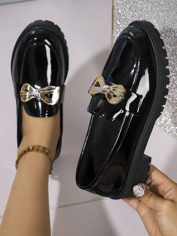 Women's Fashion Loafers, Glossy School Style Leather Shoes, Black British Style Work Thick Heel Comfortable Flats, Colorful Bow Decor