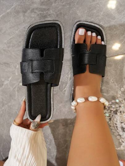 Wide Fit Women Black Flat Casual Slide Sandals With Rhinestone Decoration, Fashionable Outdoor Versatile Slippers
