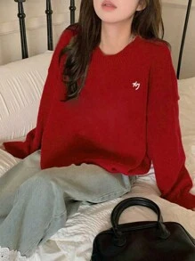 圣诞新年刺绣图案简约套头针织毛衣，女士秋冬款