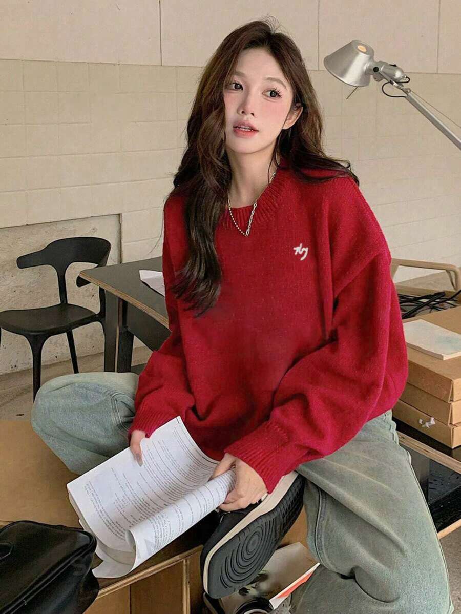 圣诞新年刺绣图案简约套头针织毛衣，女士秋冬款