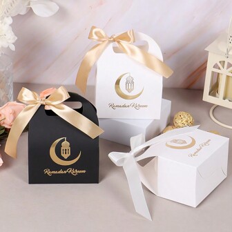 10 件开斋节穆礼盒手持盒式磁带带丝带斋月穆饼干糖果零食包装盒袋用品伊斯兰穆斯林派对装饰