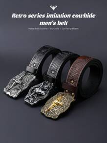 1 Piece Of Men's PU Material Belt, Western Cowboy Retro Belt, Men's Retro Style Imitation Belt, Unique Bull Head Buckle - Fashionable, Ideal Choice For Gift Giving Suitable For Teen Summer Casual Outdoor Athletic Or Vacation Travel Or Graduation Gifts Or Birthday Dress Accessories Or Daily Wear